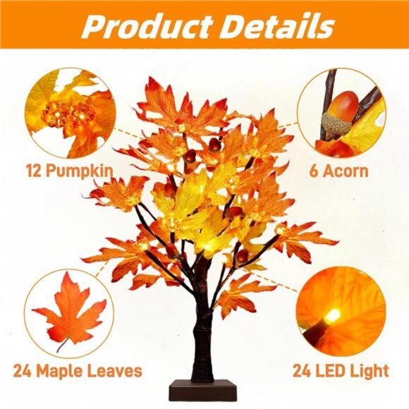 2 Pack Lighted Fall Maple Tree for Fall Decorations,USB & Battery Operated - Picture 4 of 7